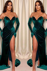 Dark Green Front Split V Neck Sleeveless Velvet Mermaid Evening Dress
